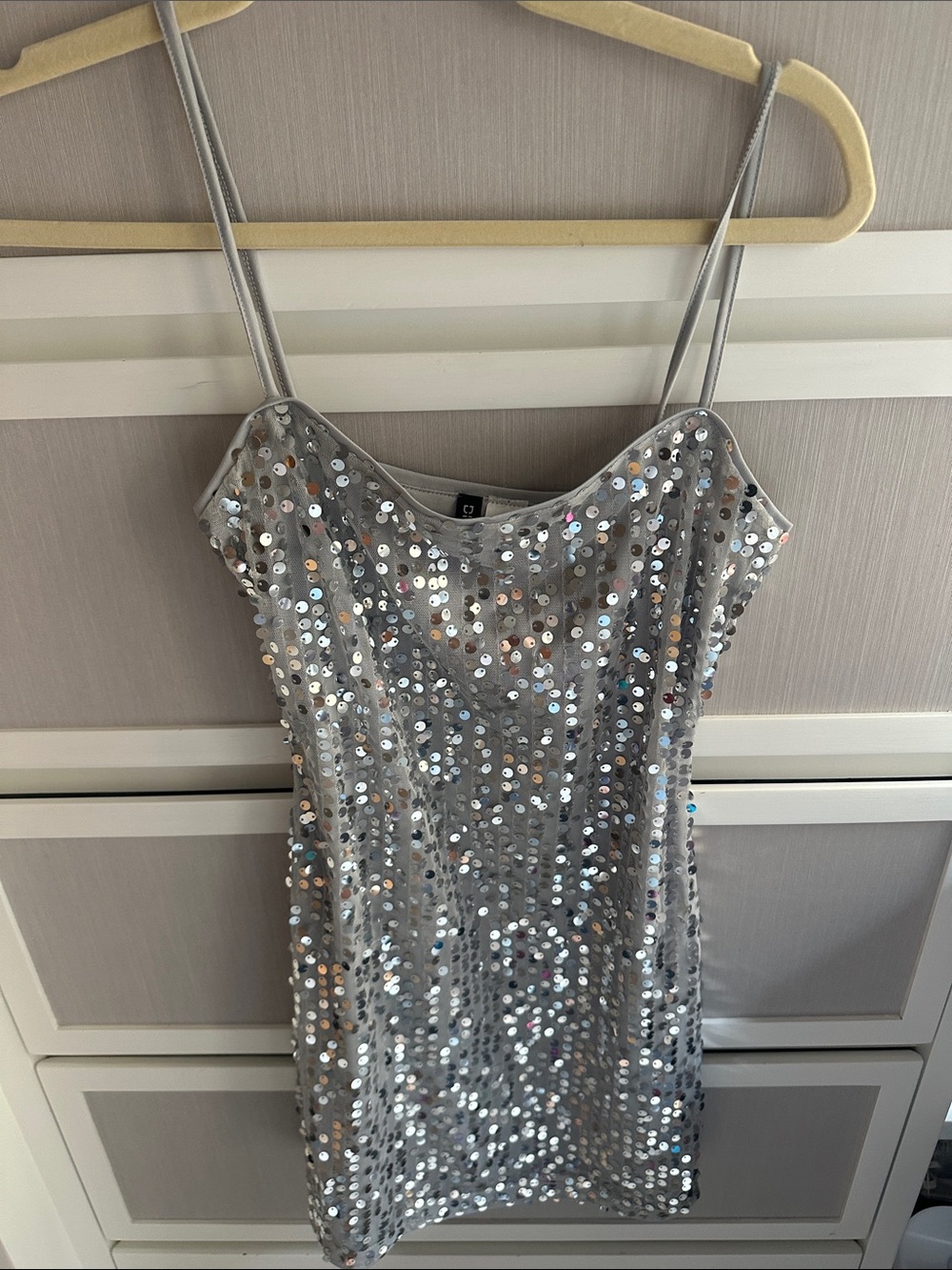 H&M Silver Sequin Spaghetti Strap Mini Dress